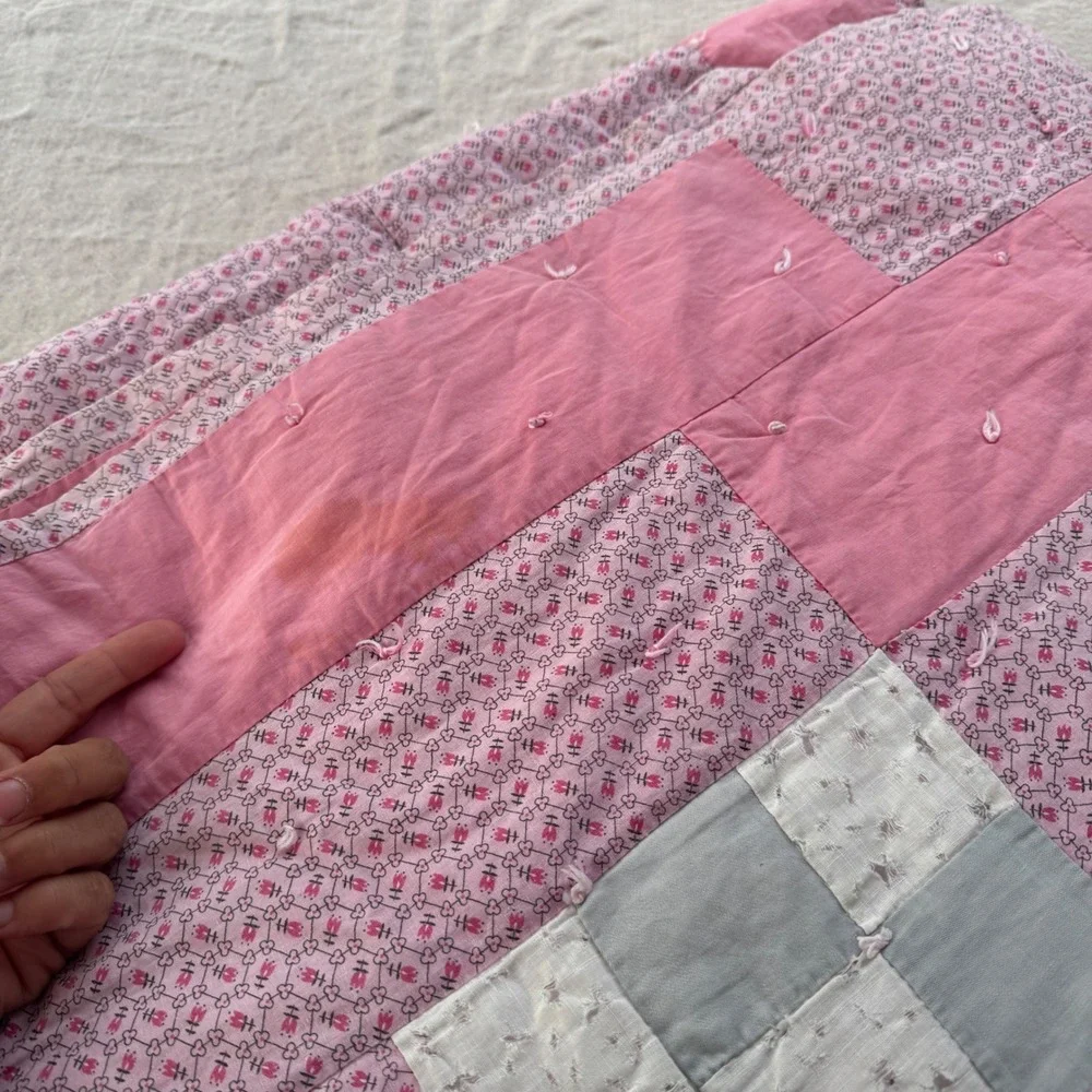 Vintage Handmade Patchwork Quilt Pink Floral Nine Patch Cottagecore Cutter 84x88